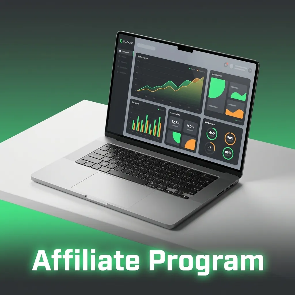 BC Game Affiliate Program banner highlighting commissions, tracking links, and marketing tools for referring new players