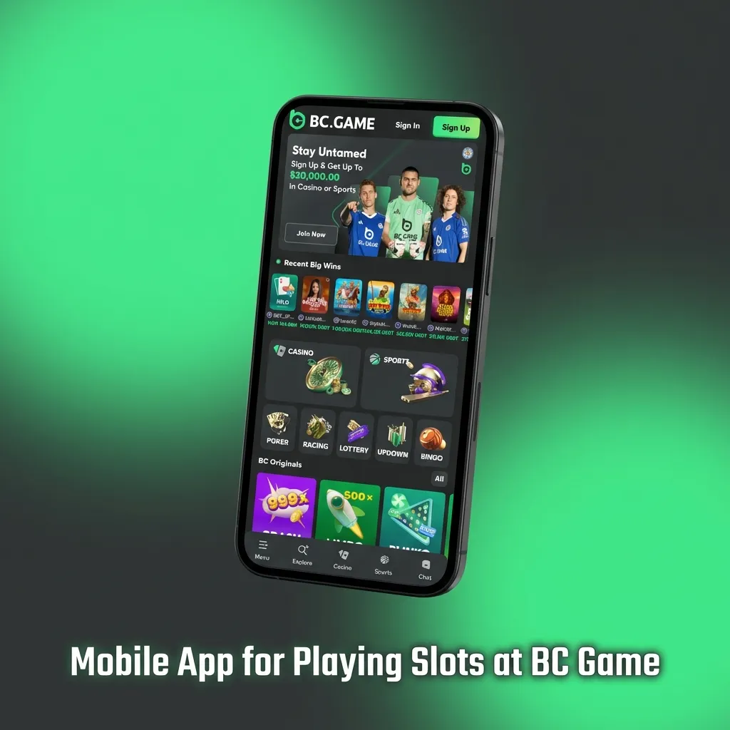Hand holding smartphone showing BC Game slots app interface with slot reels and navigation icons on a dark background