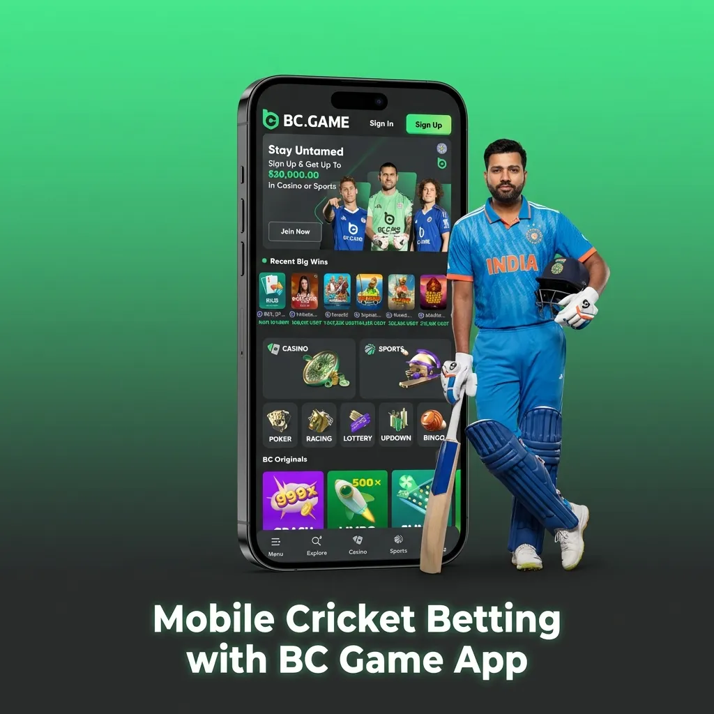 Person holding a phone showing BC Game cricket betting app interface with sports and casino options visible